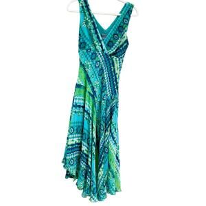 Vintage Y2K Green Teal Fairy Midi Dress Asymmetrical Drop Waist Sleeveless